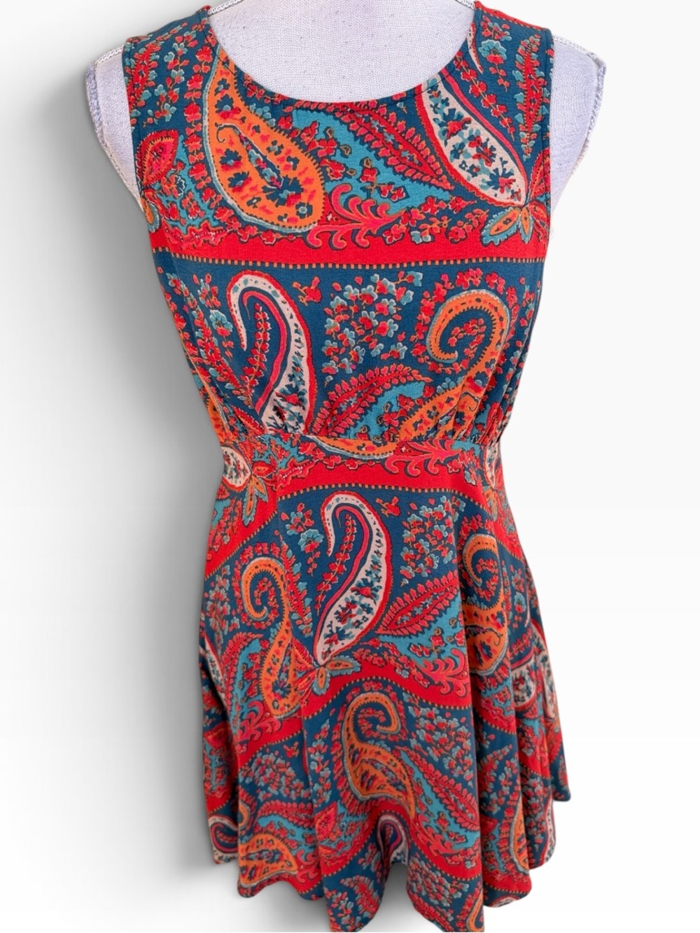 Free People Sleeveless Scoop Neck Teal/Red Paisley Fit & Flare Dress 4